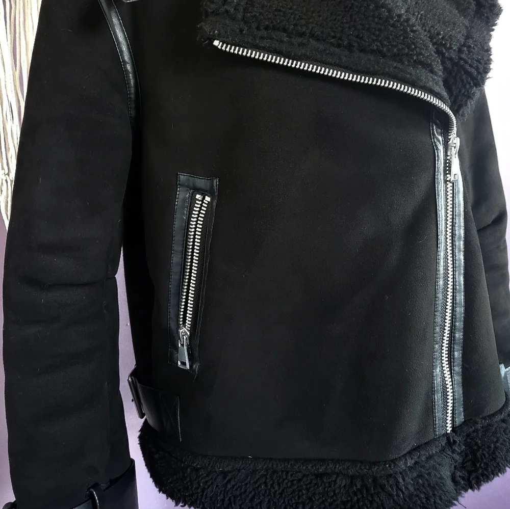 Zara Black Faux Suede Sherpa Lined Oversized Buckle Aviator Bomber Jacket Coat - Picture 3 of 14
